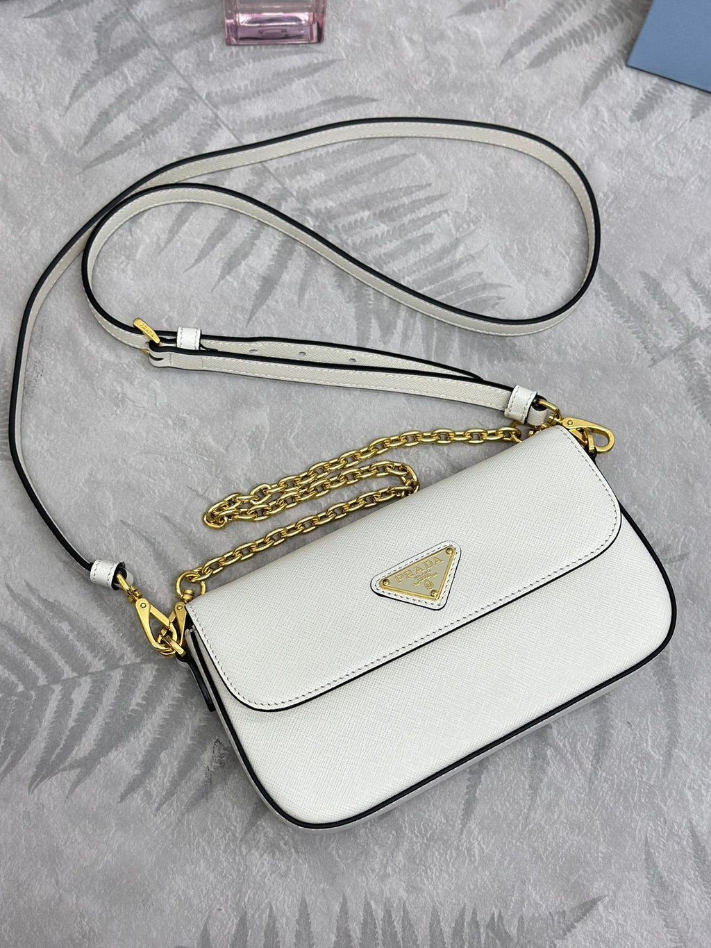 PRADA 25S MINI FLAP BAG 20 IN WHITE SAFFIANO CALFSKIN GOLD HARDWARE