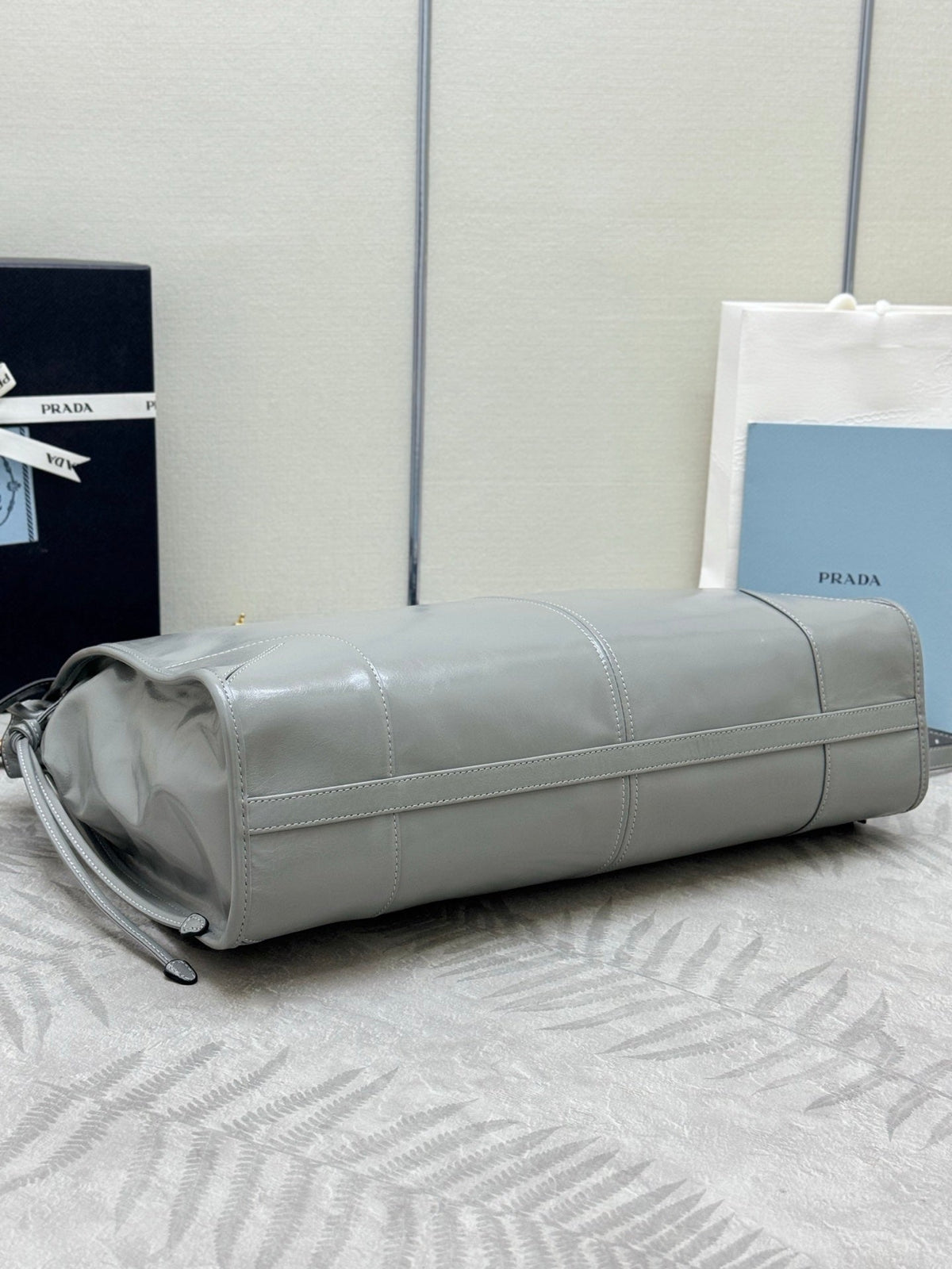 PRADA 25S LUX SOFT BAG 42 IN GRAY GLOSSY CALFSKIN GOLD HARDWRE