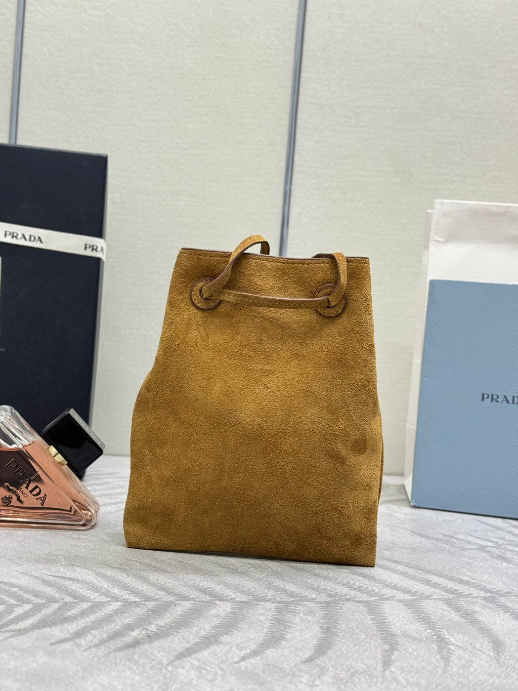 PRADA 25S BUCKET BAG 20 IN LIGHT CARAMEL SUEDE GOLD HARDWRE