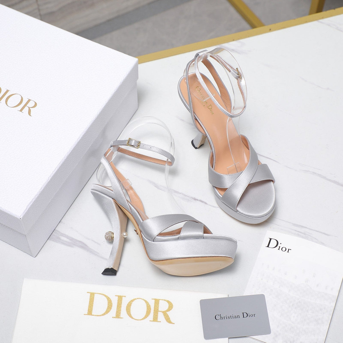 DIOR PEARL-EMBELLISHED HIGH HEEL SANDALS 25S 115 MM IN SILVER SATIN