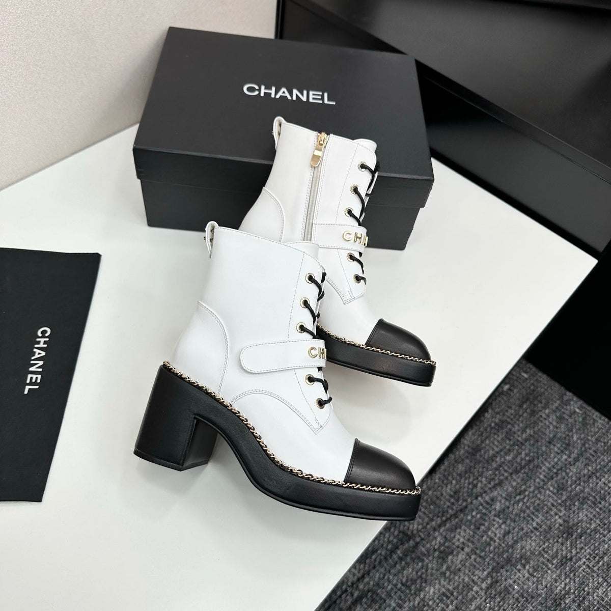 CHANEL 25S LACE-UP HEELED ANKLE BOOTS IN WHITE CALFSKIN