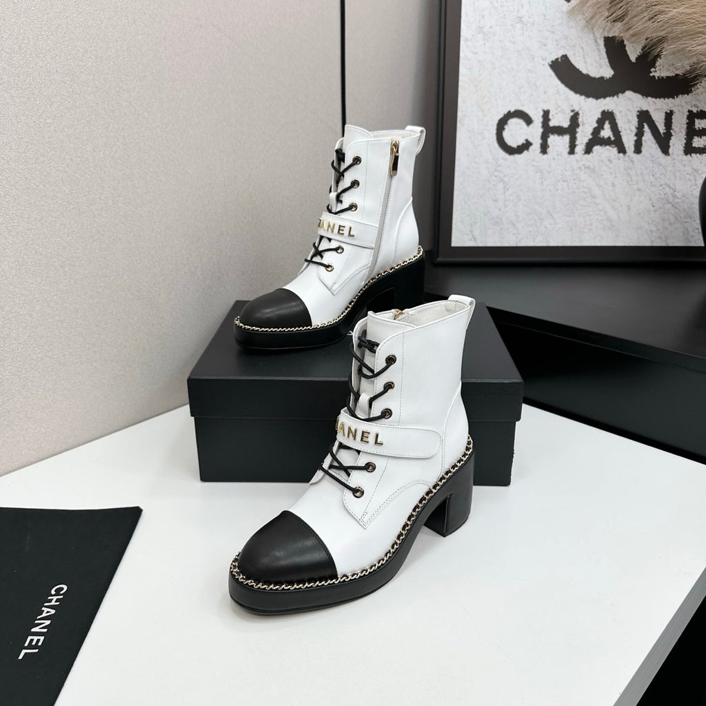 CHANEL 25S LACE-UP HEELED ANKLE BOOTS IN WHITE CALFSKIN