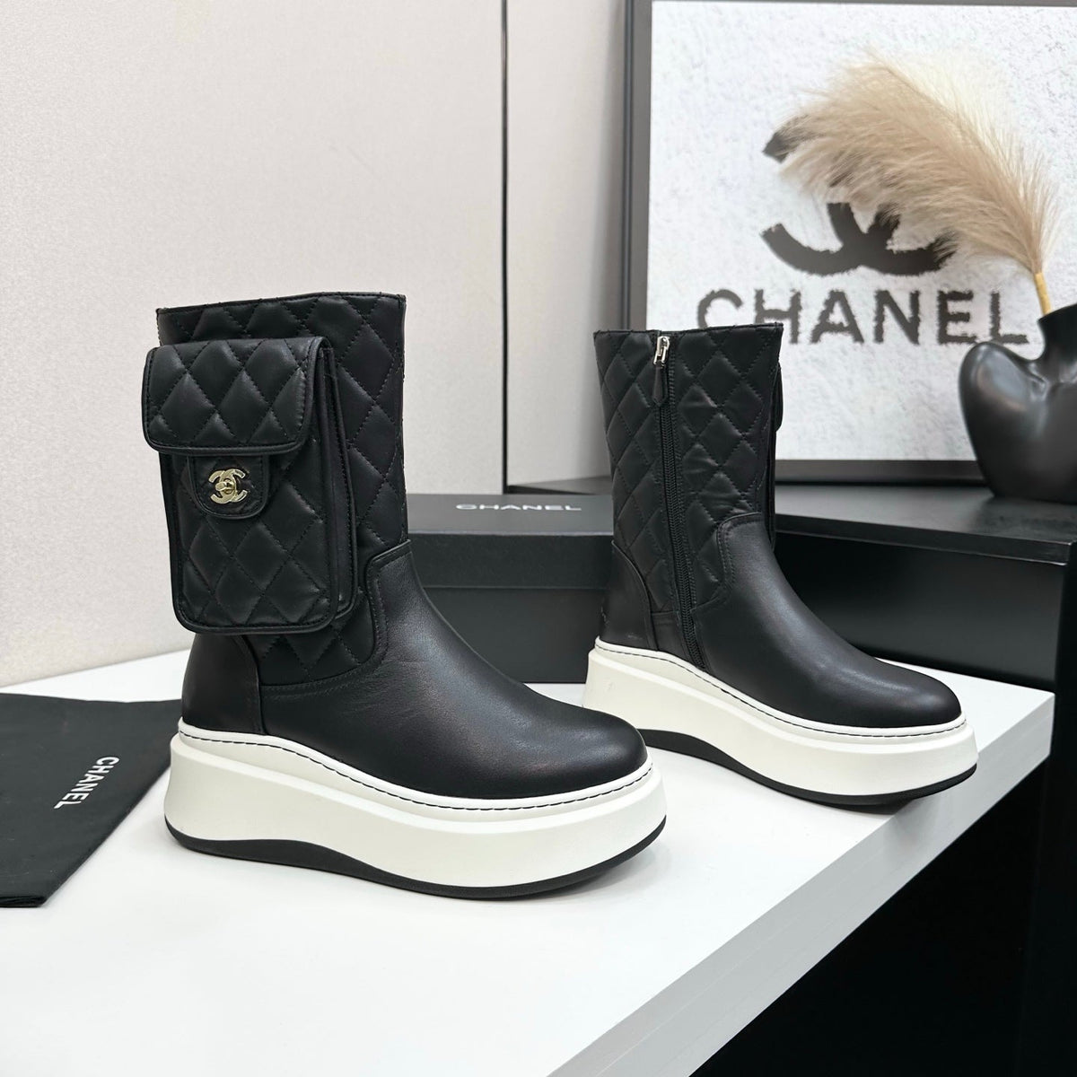 CHANEL 25S WEDGE ANKLE BOOTS IN BLACK CALFSKIN SILVER HARDWRE