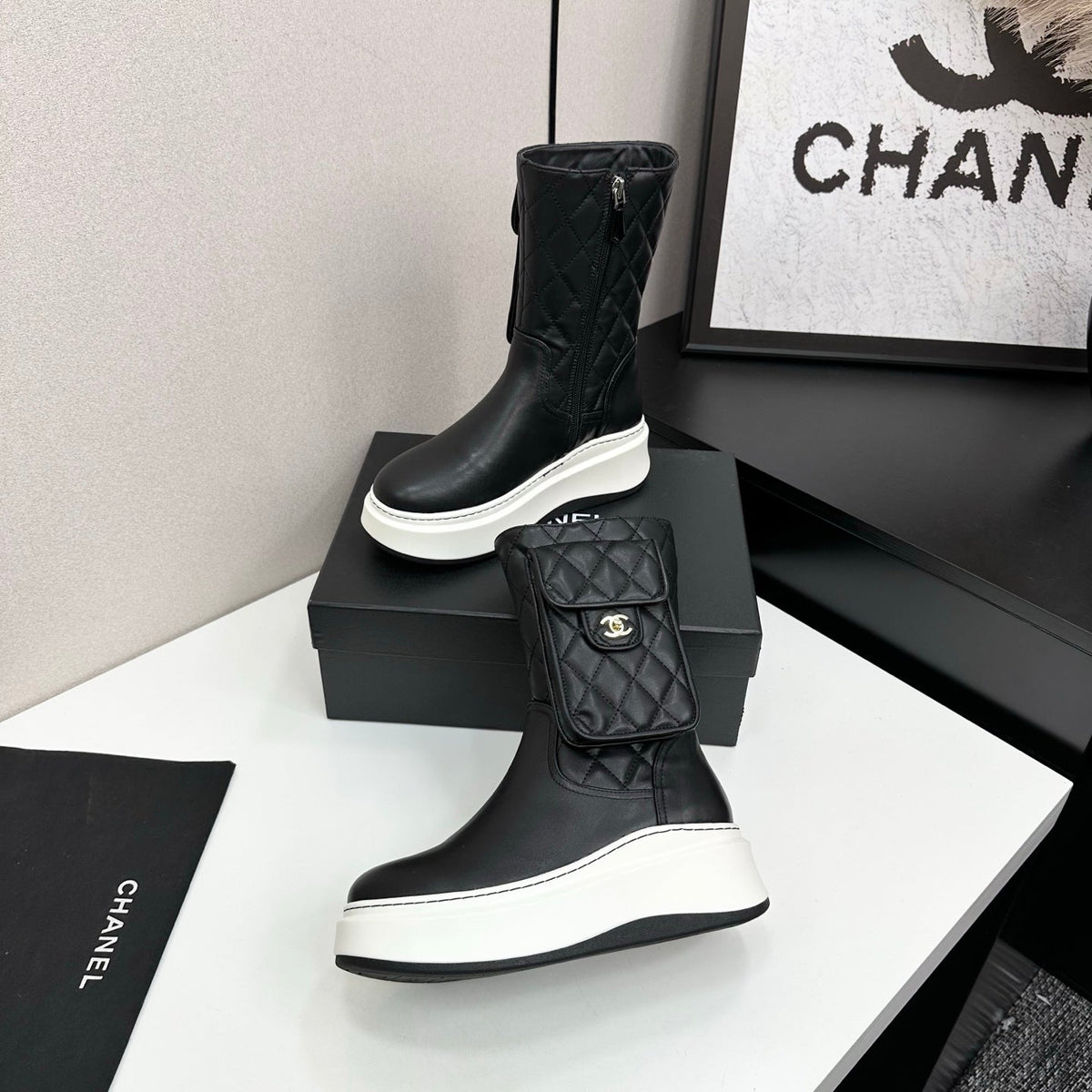 CHANEL 25S WEDGE ANKLE BOOTS IN BLACK CALFSKIN SILVER HARDWRE