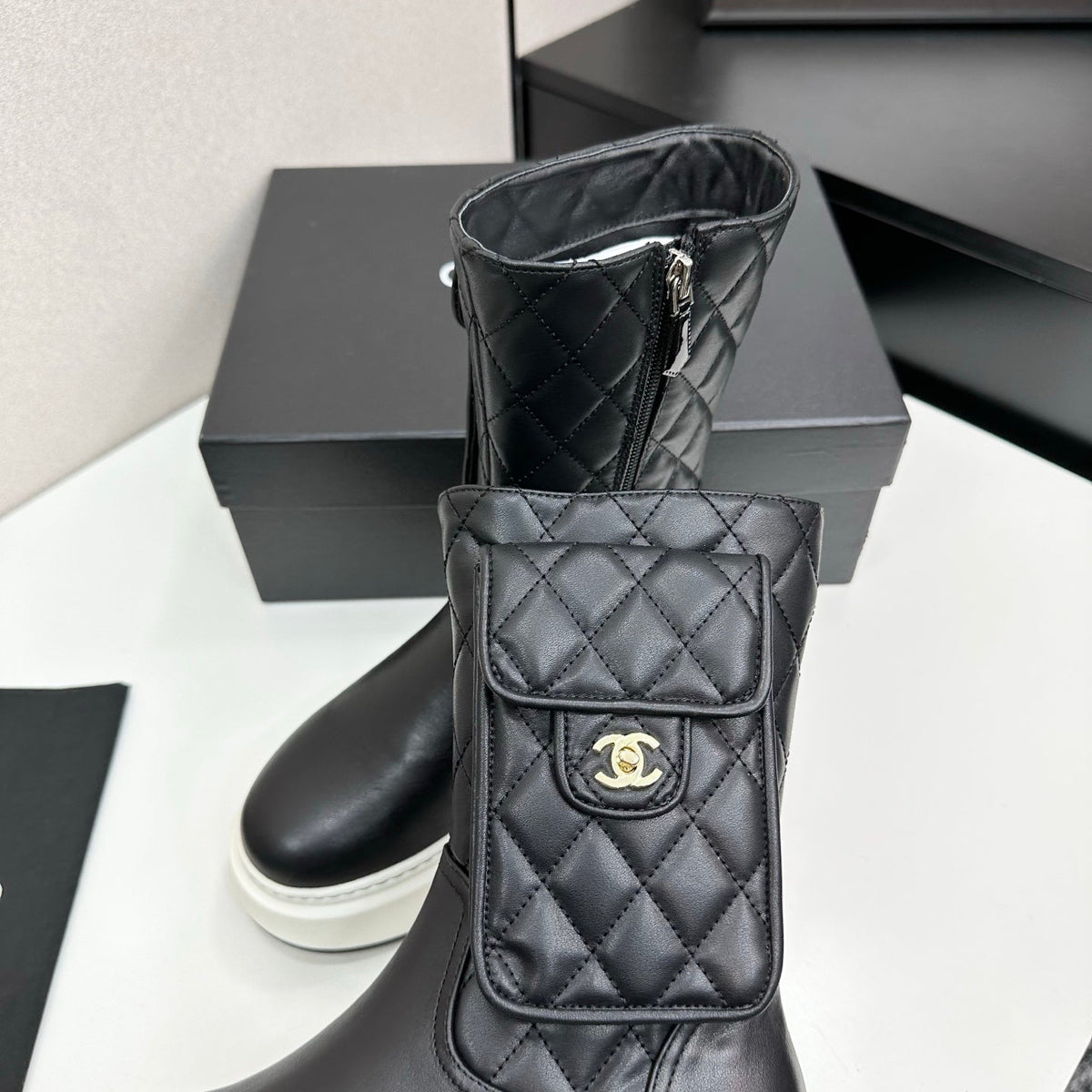 CHANEL 25S WEDGE ANKLE BOOTS IN BLACK CALFSKIN SILVER HARDWRE