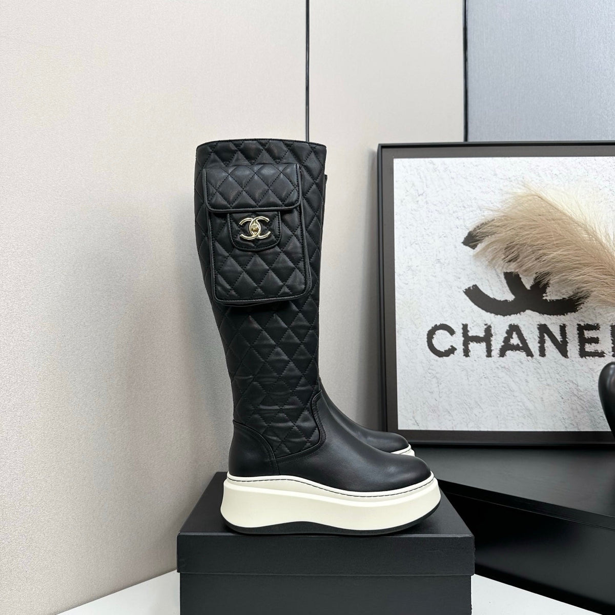 CHANEL 25S WEDGE KNEE-HIGH BOOTS IN BLACK CALFSKIN SILVER HARDWRE