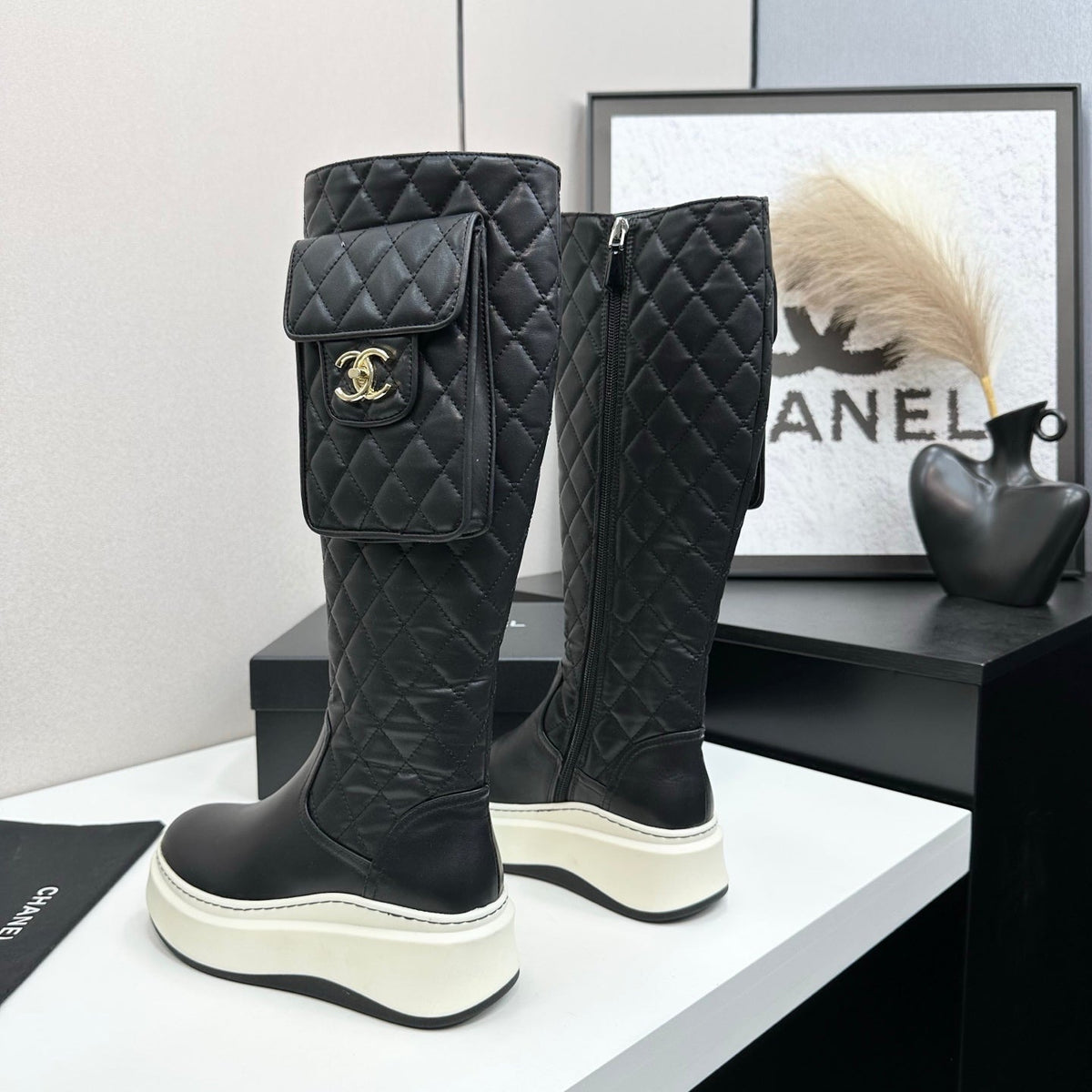 CHANEL 25S WEDGE KNEE-HIGH BOOTS IN BLACK CALFSKIN SILVER HARDWRE
