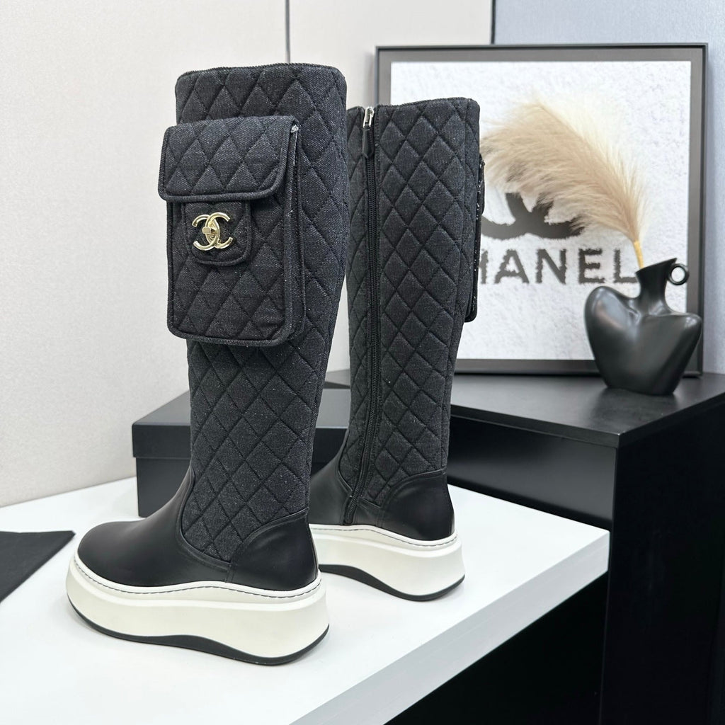 CHANEL 25S WEDGE KNEE-HIGH BOOTS IN BLACK CALFSKIN AND DENIM