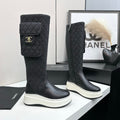 CHANEL 25S WEDGE KNEE-HIGH BOOTS IN BLACK CALFSKIN SILVER HARDWRE