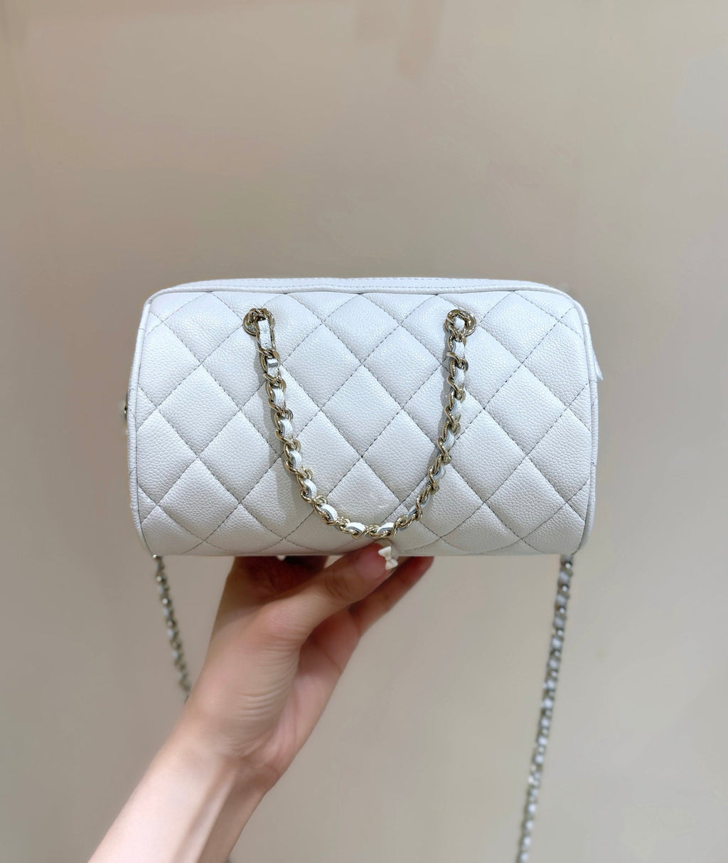CHANEL 25S MINI BOWLING BAG 18 IN WHITE CALFSKIN GOLD HARDWARE