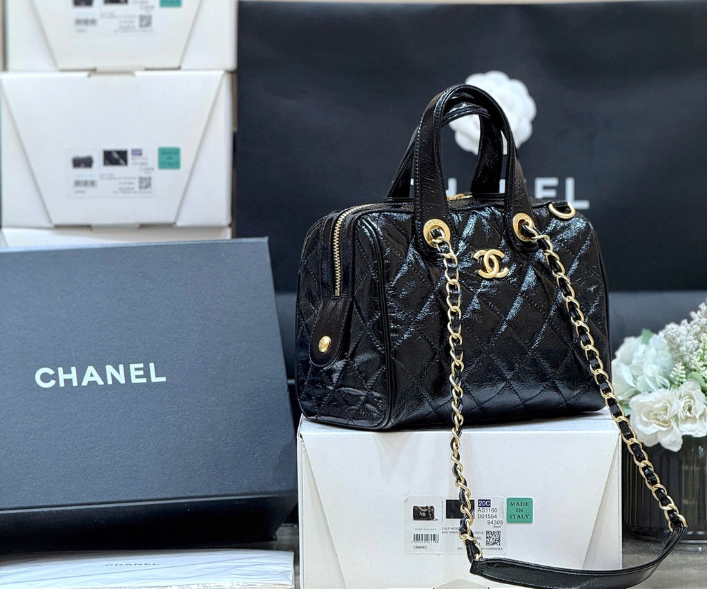 CHANEL 25S SMALL BOWLING BAG 21 IN BLACK CALFSKIN GOLD HARDWARE