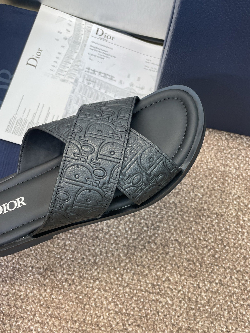 DIOR 25S ALIAS CROSS-STRAP SLIDES IN BLACK CALFSKIN