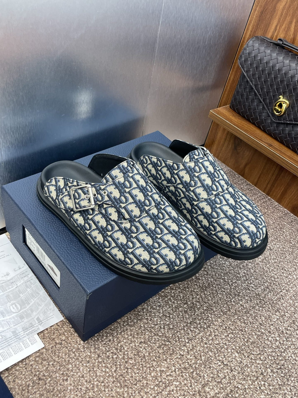 DIOR 25S AQUA MULES WITH OBLIQUE PATTERN IN DEEP BLUE CANVAS