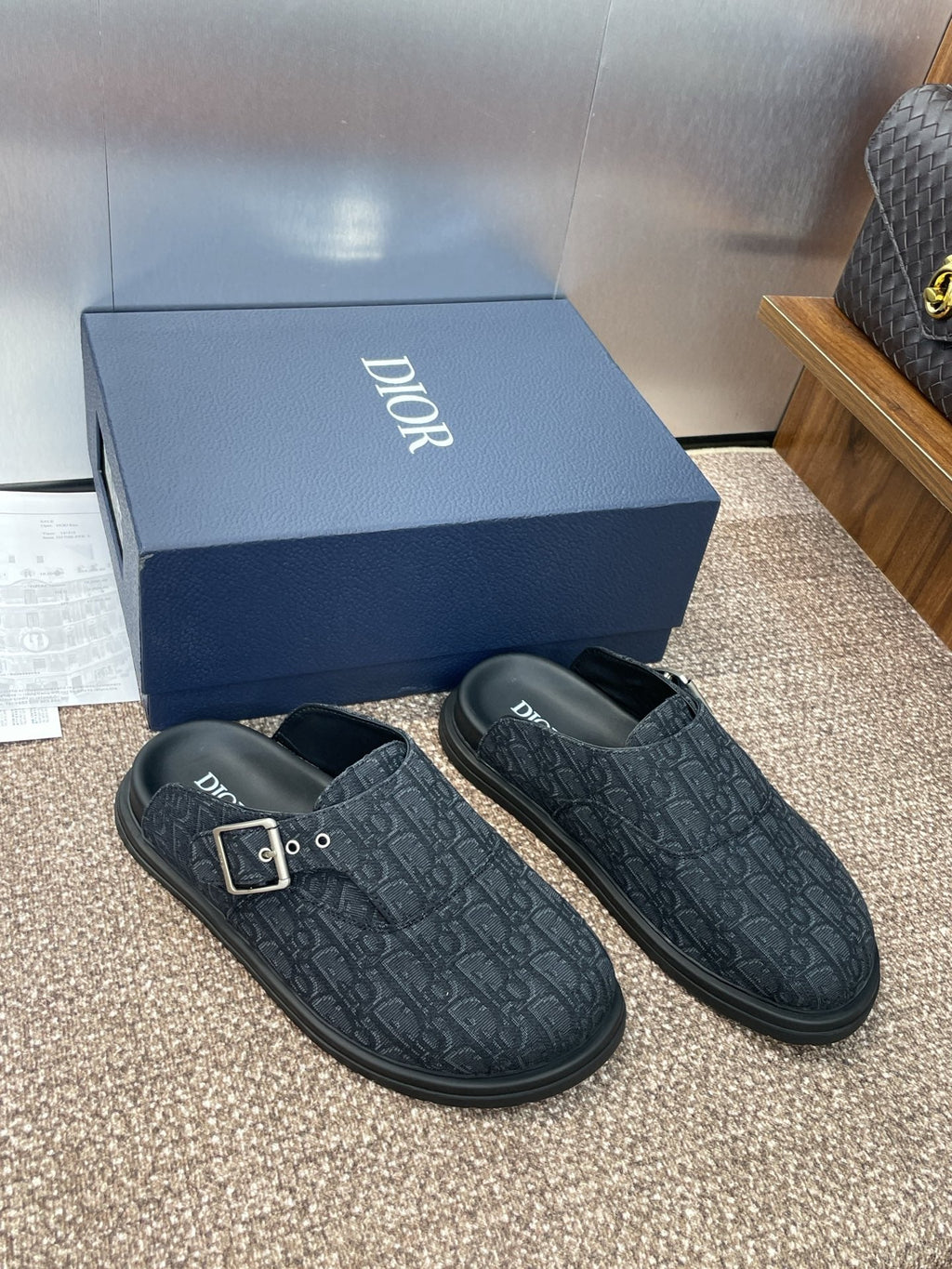 DIOR 25S AQUA MULES WITH OBLIQUE PATTERN IN DARK BLUE CANVAS