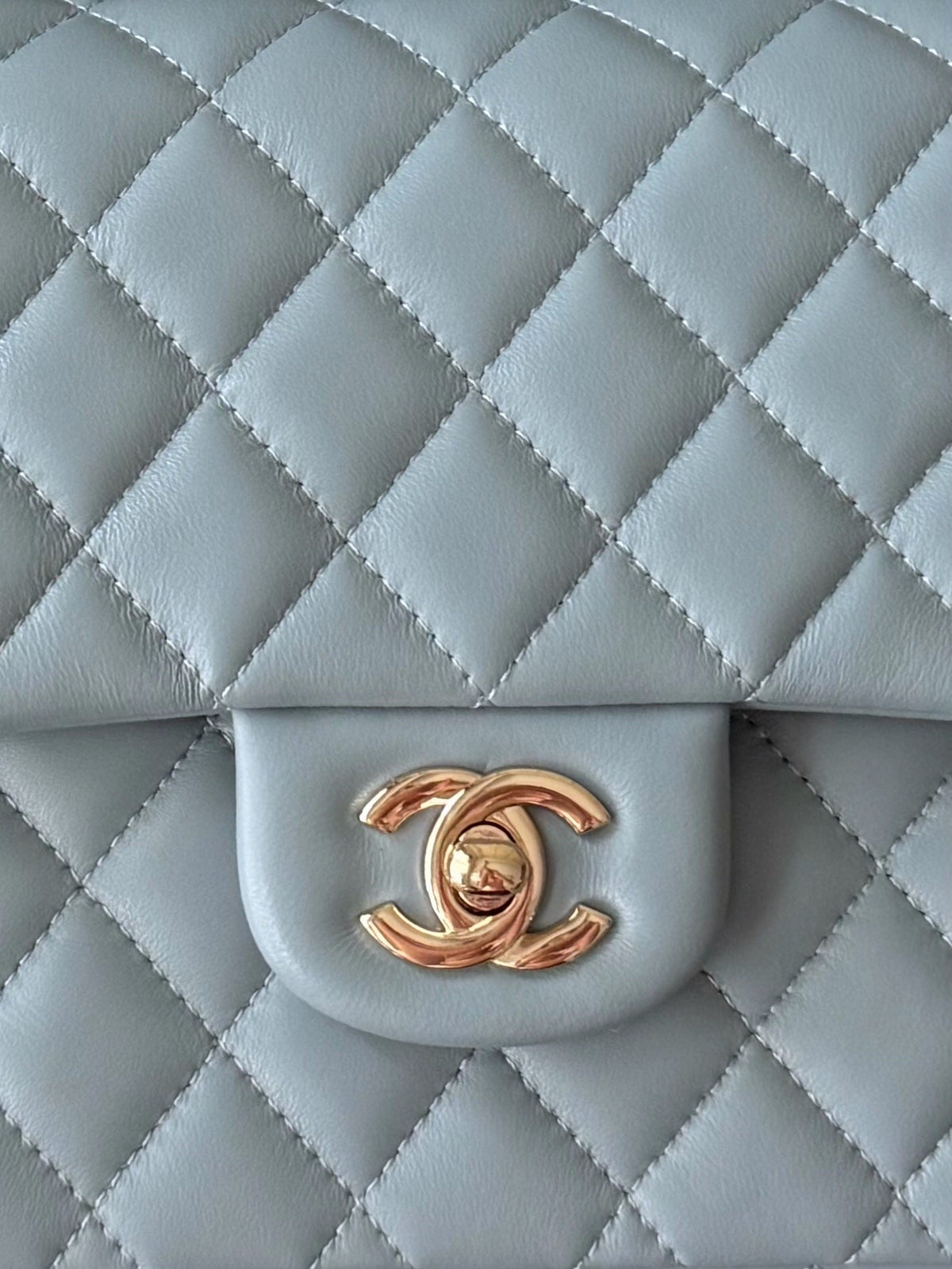 CHANEL 25S CLASSIC FLAP BAG 25 CM IN SLATE BLUE GRAY LAMBSKIN WITH GOLD HARDWARE