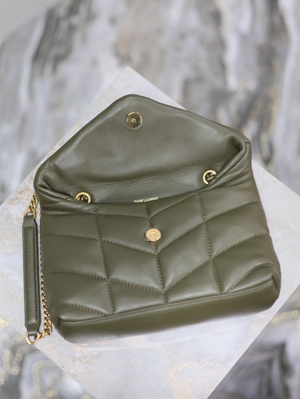 YSL 25S LOULOU PUFFER MINI 23 IN DARK OLIVE CALFSKIN GOLD HARDWARE