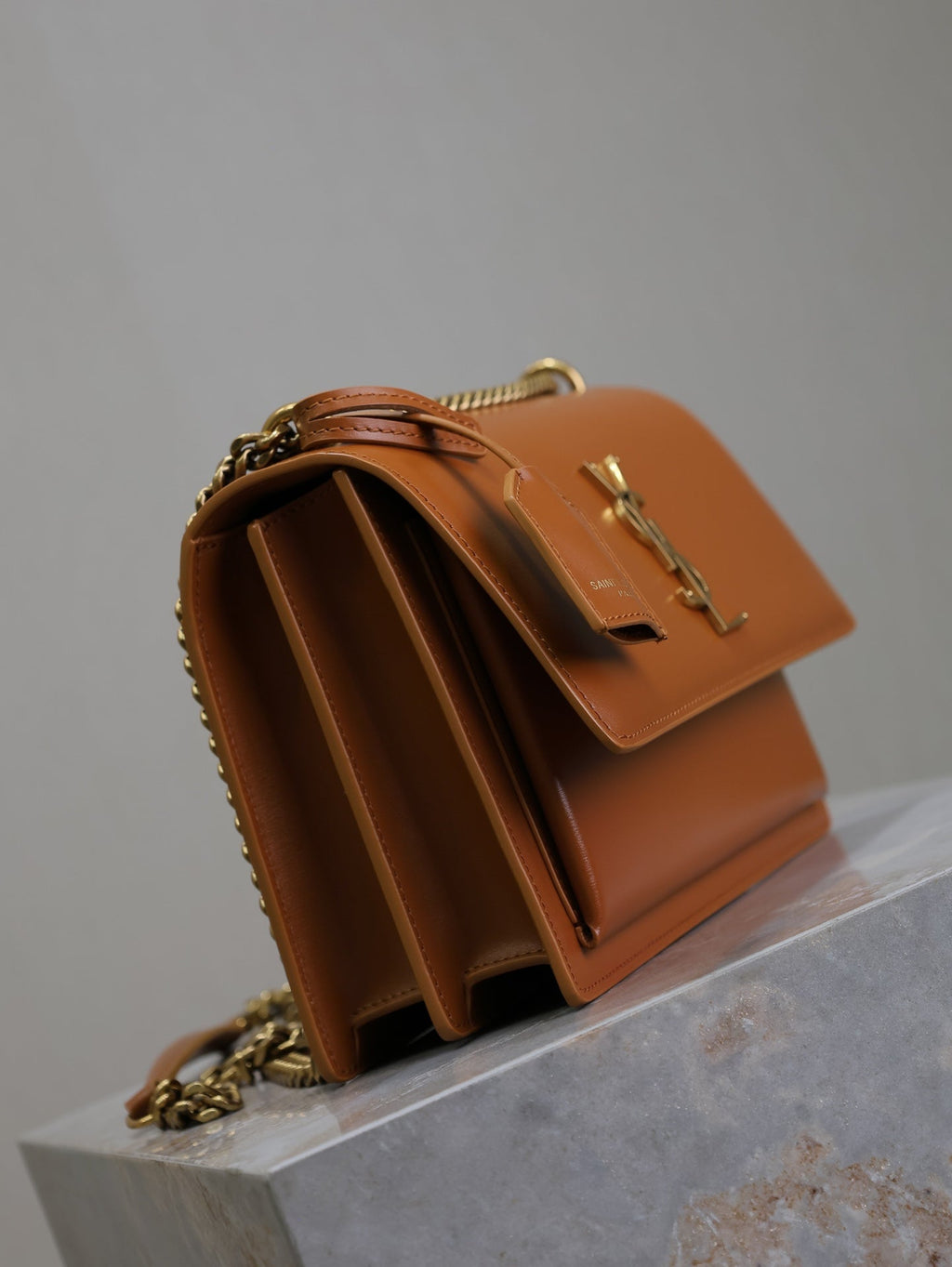 YSL 25S SUNSET BAG 22 IN DARK CARAMEL CALFSKIN GOLD HARDWARE