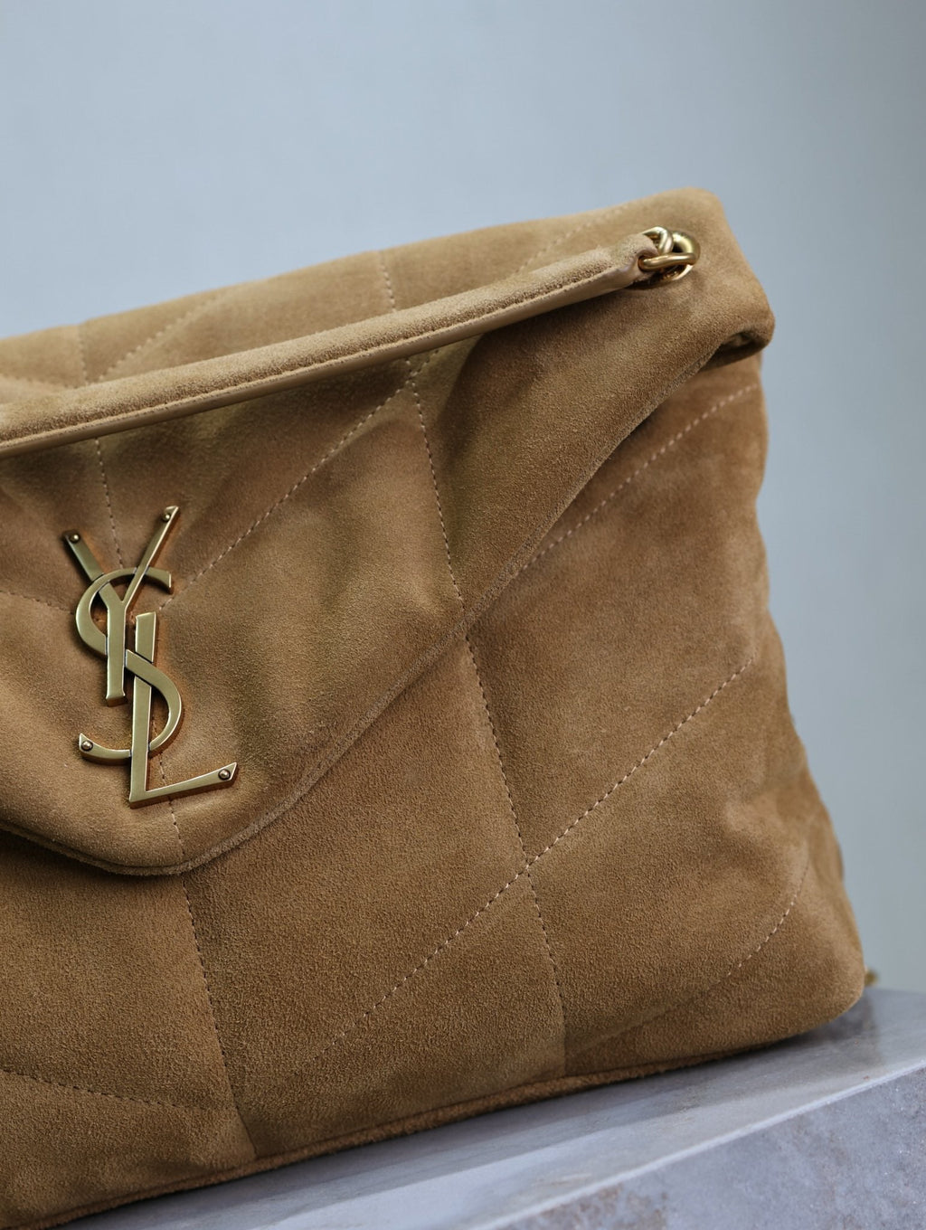 YSL 25S LOULOU PUFFER GM 35 IN TAN BROWN SUEDE GOLD HARDWARE