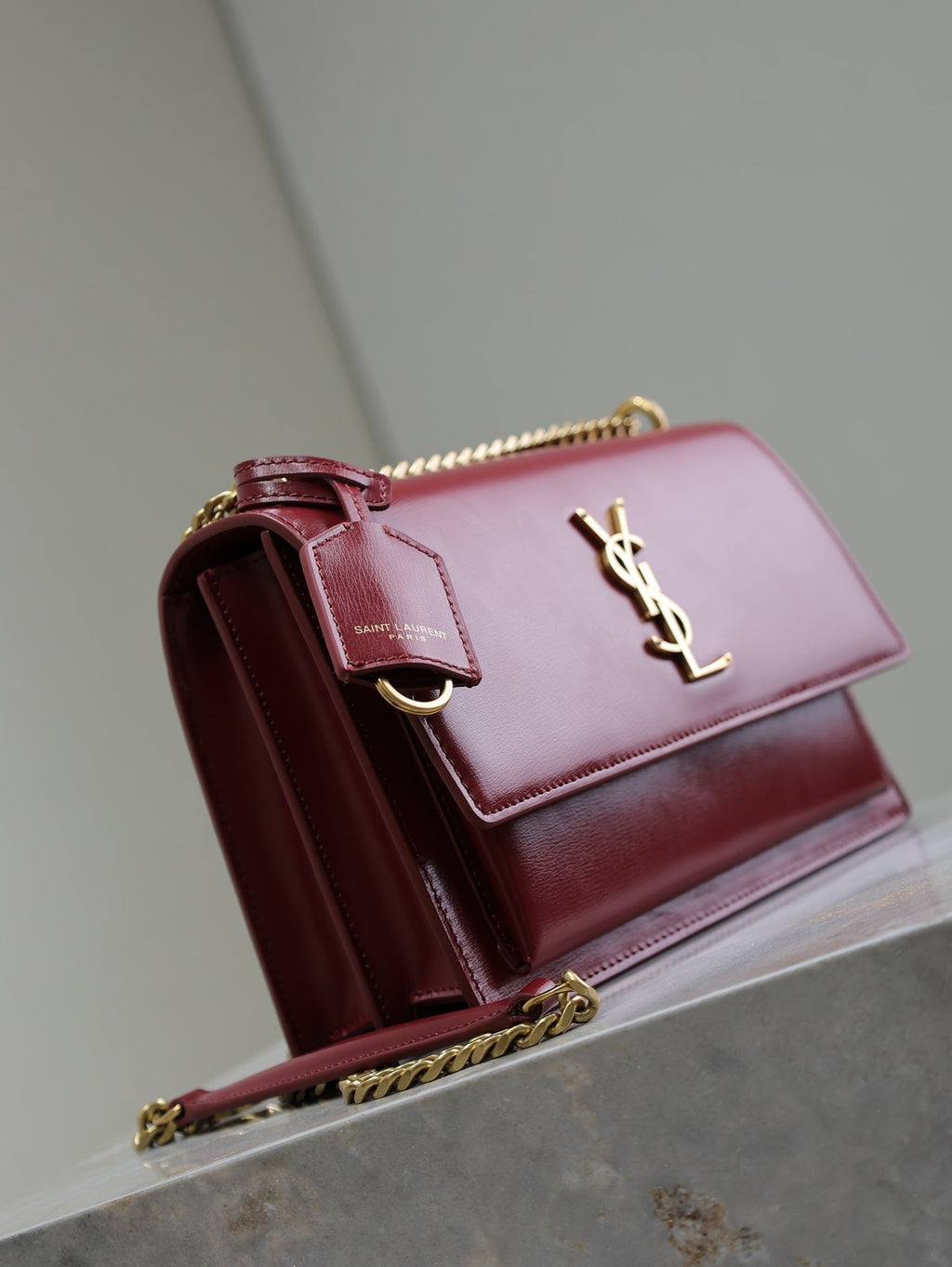 YSL 25S SUNSET BAG 22 IN CRIMSON RED CALFSKIN GOLD HARDWARE