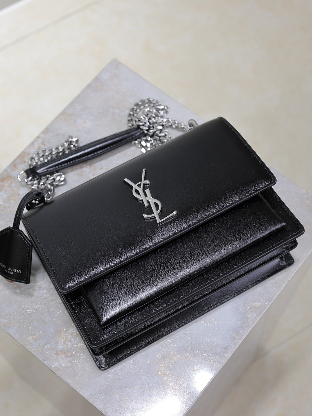 YSL 25S SUNSET BAG 22 IN BLACK CALFSKIN SILVER HARDWARE
