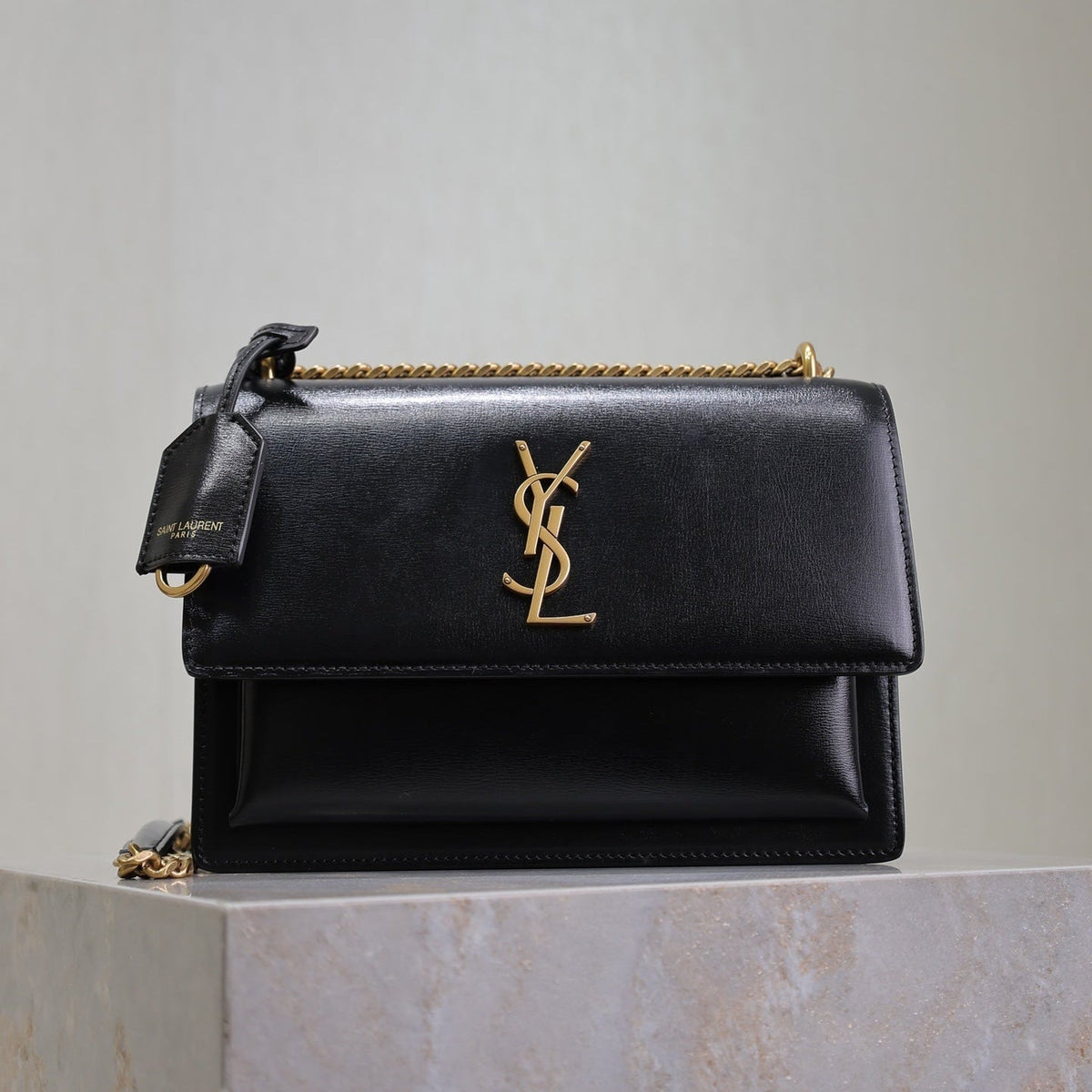 YSL 25S SUNSET BAG 22 IN BLACK CALFSKIN GOLD HARDWARE