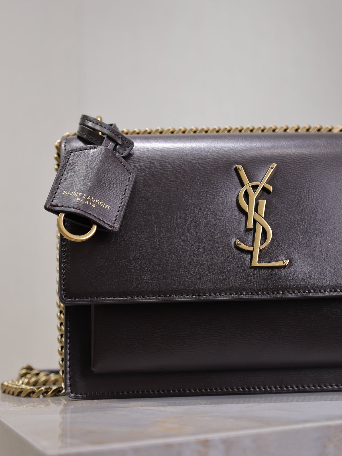 YSL 25S SUNSET BAG 22 IN DARK PURPLE CALFSKIN GOLD HARDWARE