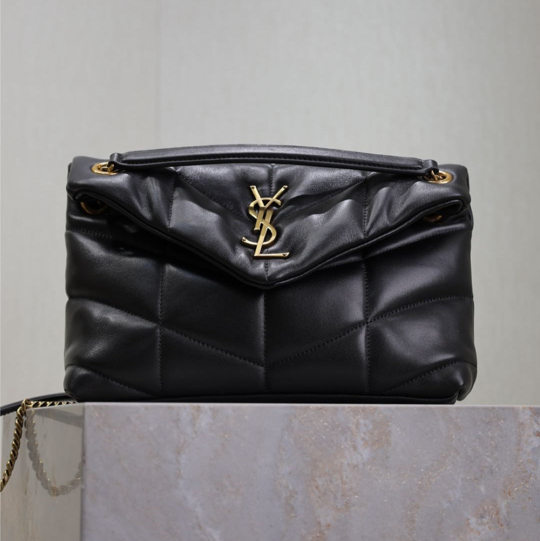 YSL 25S LOULOU PUFFER MM 29 IN BLACK CALFSKIN GOLD HARDWARE