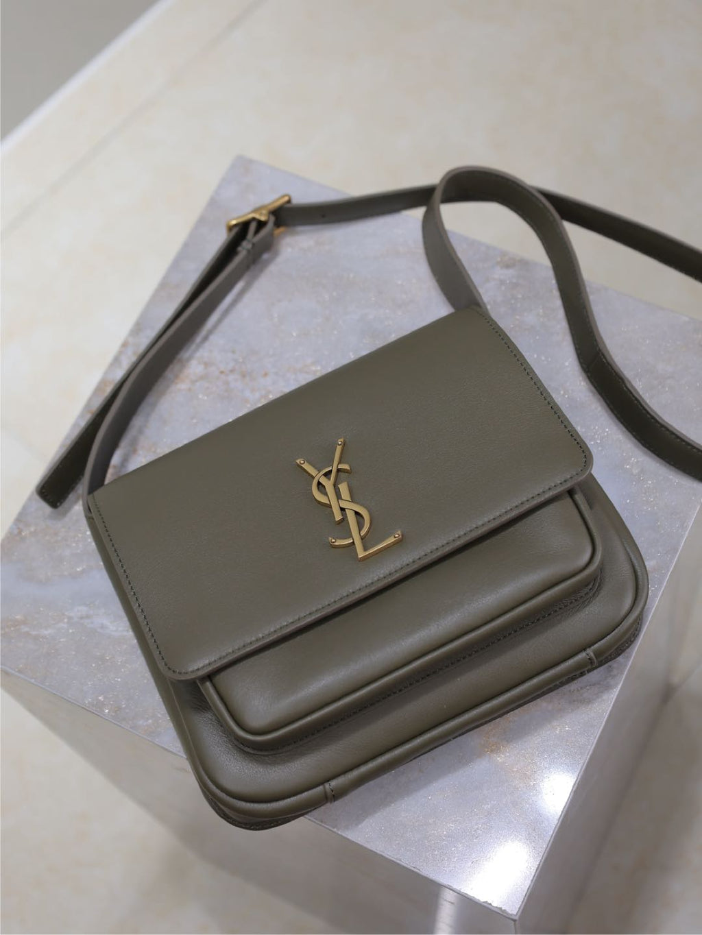 YSL 25S NIKI BABY 22 IN DARK OLIVE BROWN CALFSKIN GOLD HARDWARE
